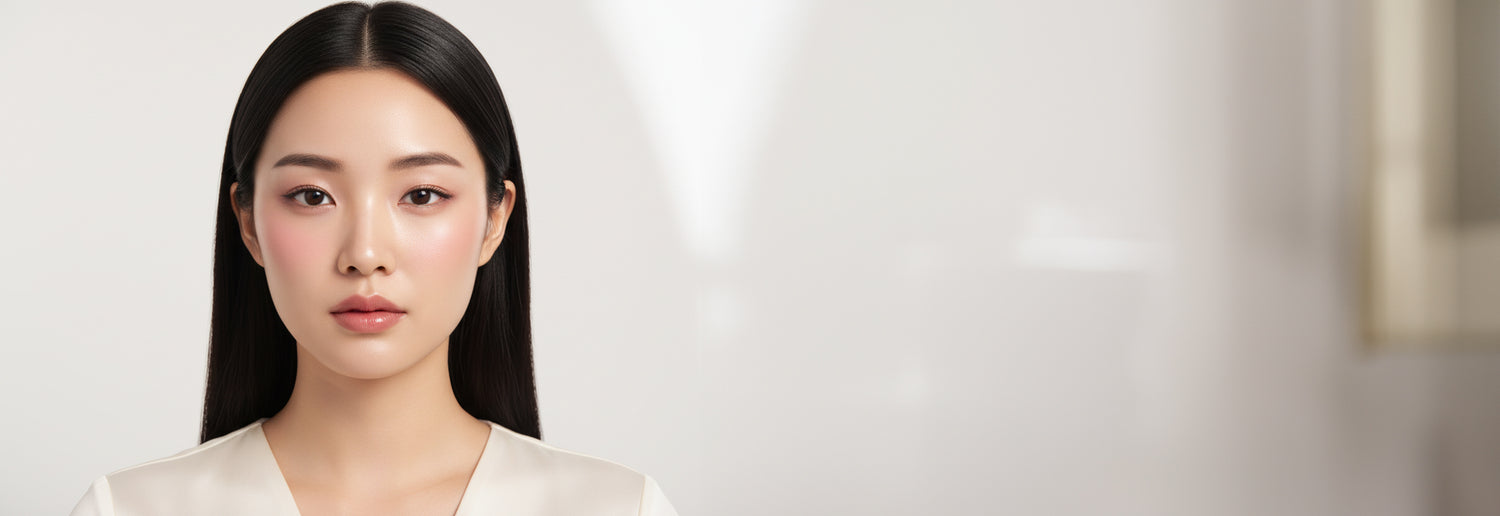 Woman with long black hair wearing a white top against a plain background